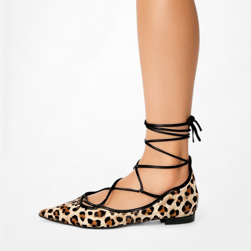 Zara Leopard Print Lace Up Pointy Toe Ballet Flat… - image 1